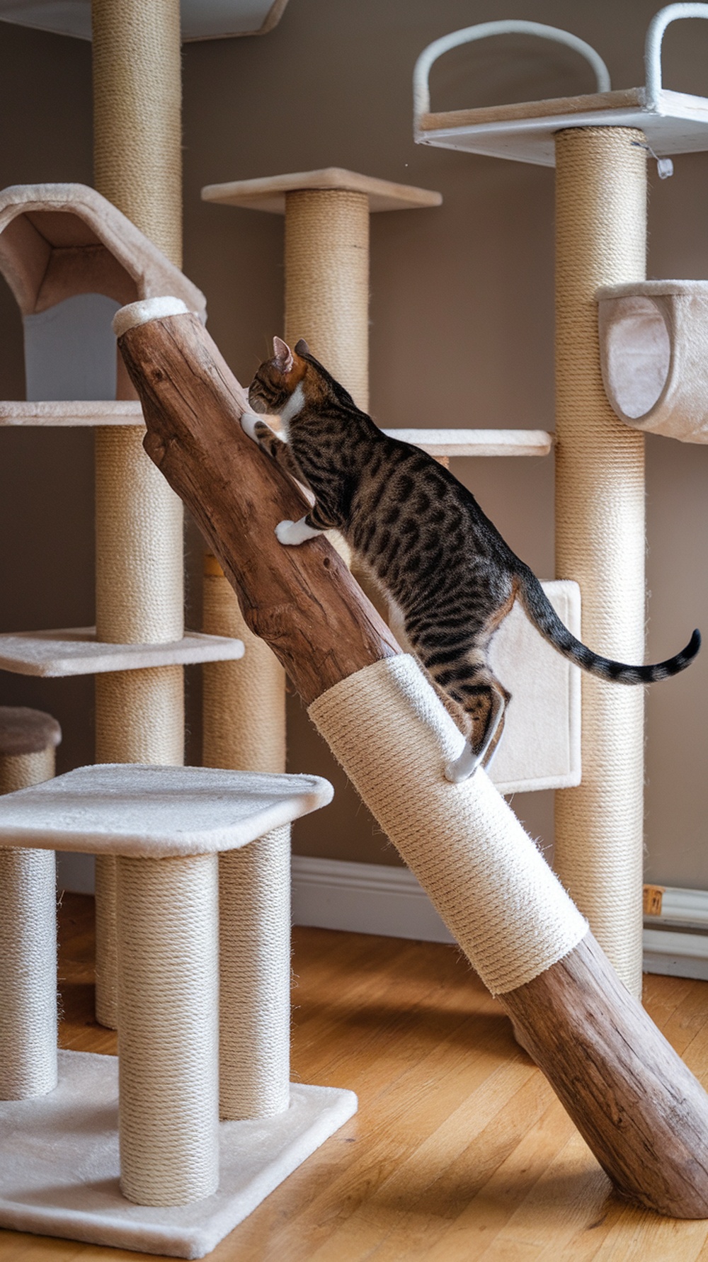 A modern sisal cat tree showcasing various climbing surfaces and a cat using a wooden post.