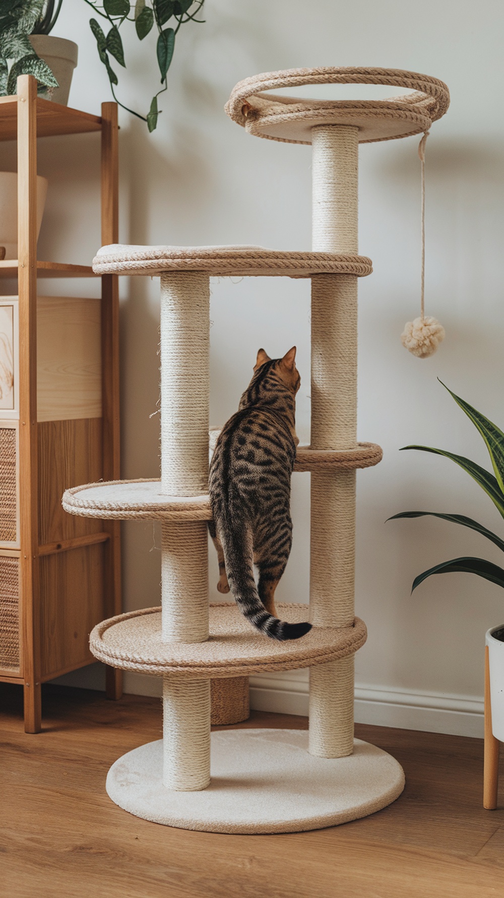 A modern sisal cat tree with multiple levels and a cat climbing on it.