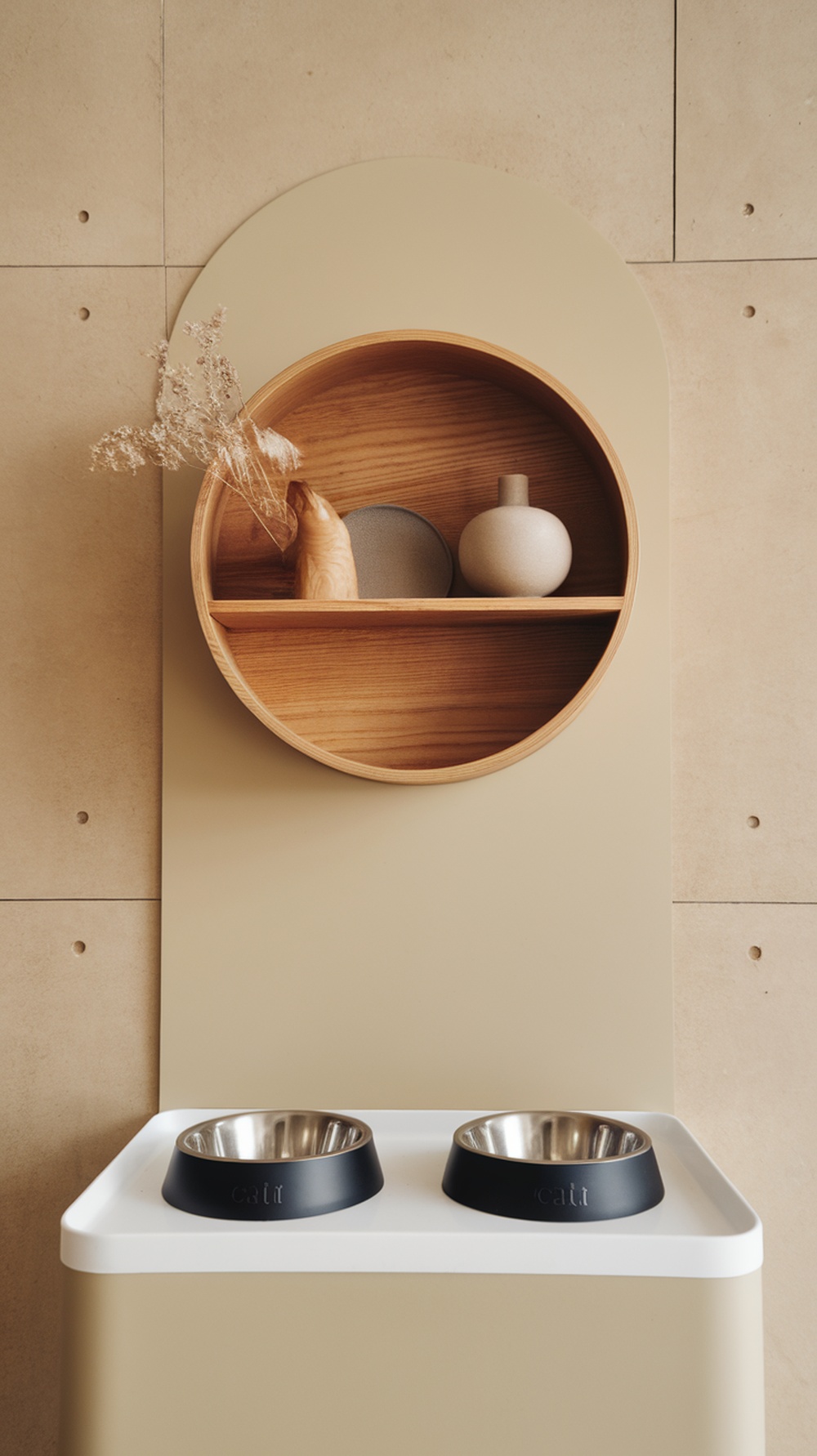 Chic feeding station for a cat with modern bowls and decorative shelf