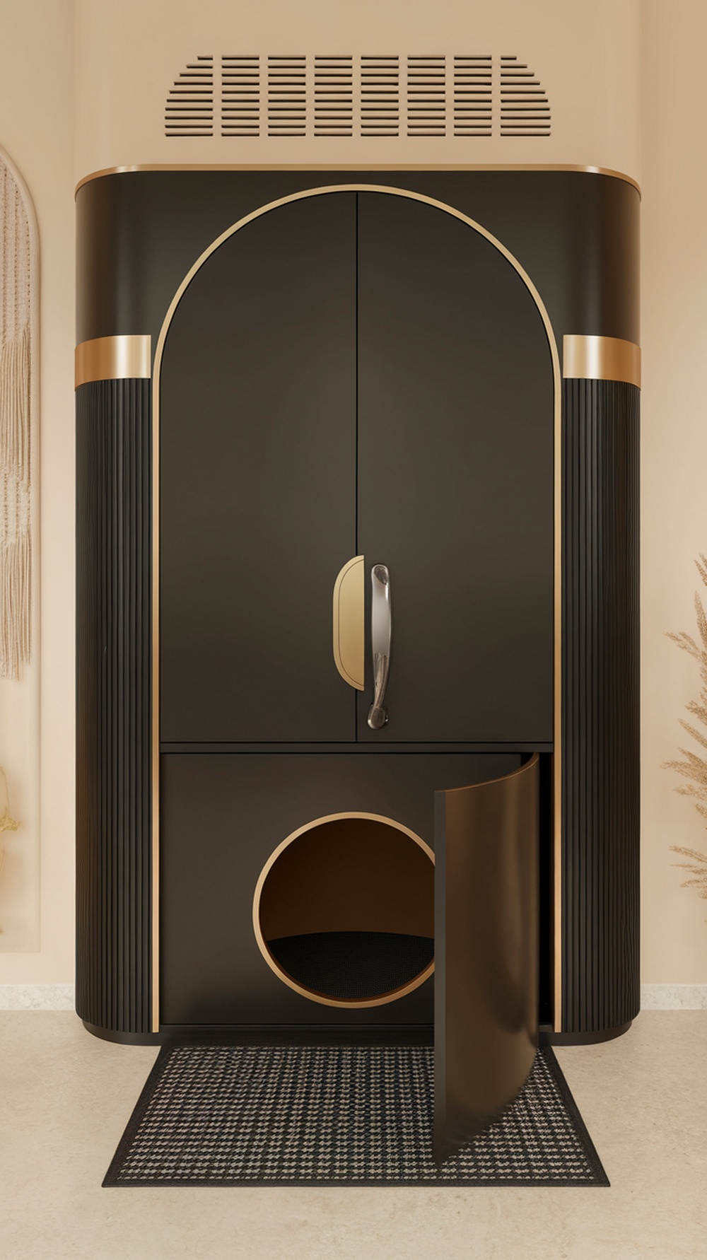 A stylish litter box privacy area featuring a black and gold design with a round entrance.