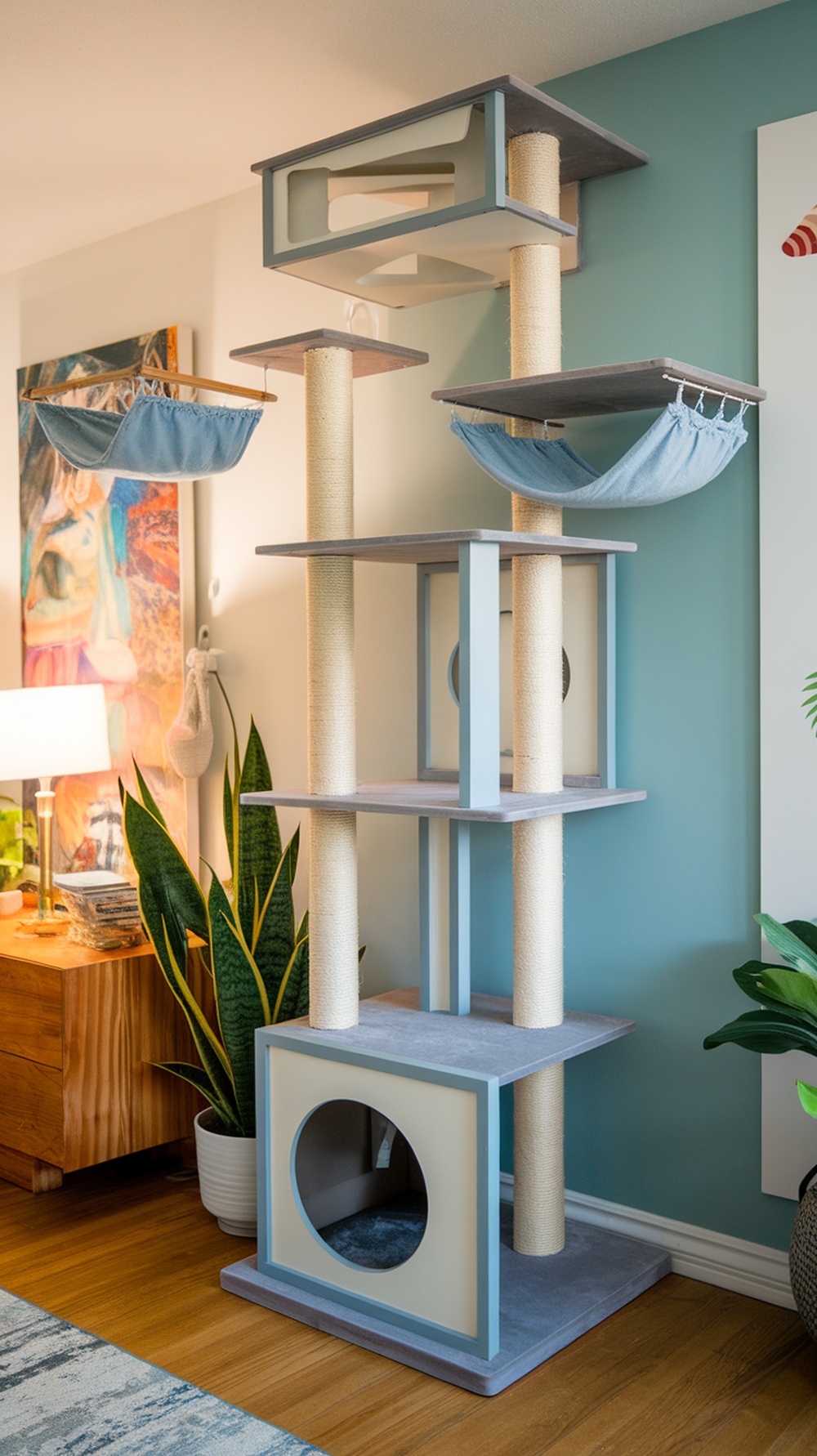 A modern cat tree tower with multiple levels and cozy hammocks for indoor cats.