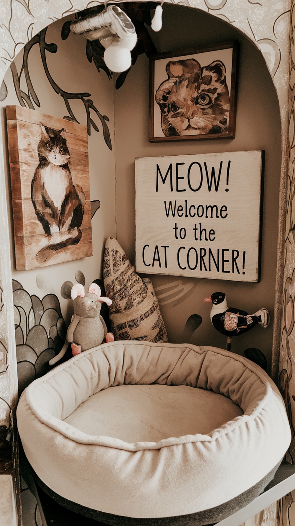 A cozy cat corner with a comfortable bed, playful decor, and cat-themed artwork.