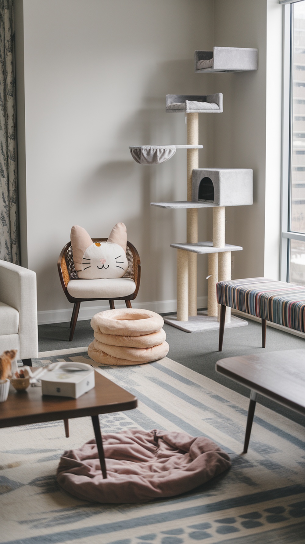 A cozy indoor cat room featuring a cat tree, plush pet beds, and a stylish chair with a cat pillow.