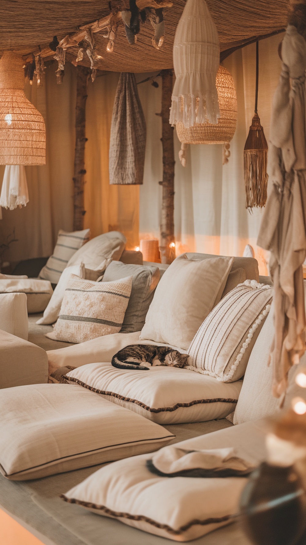 Cozy relaxation zone for indoor cats featuring soft pillows and ambient lighting.