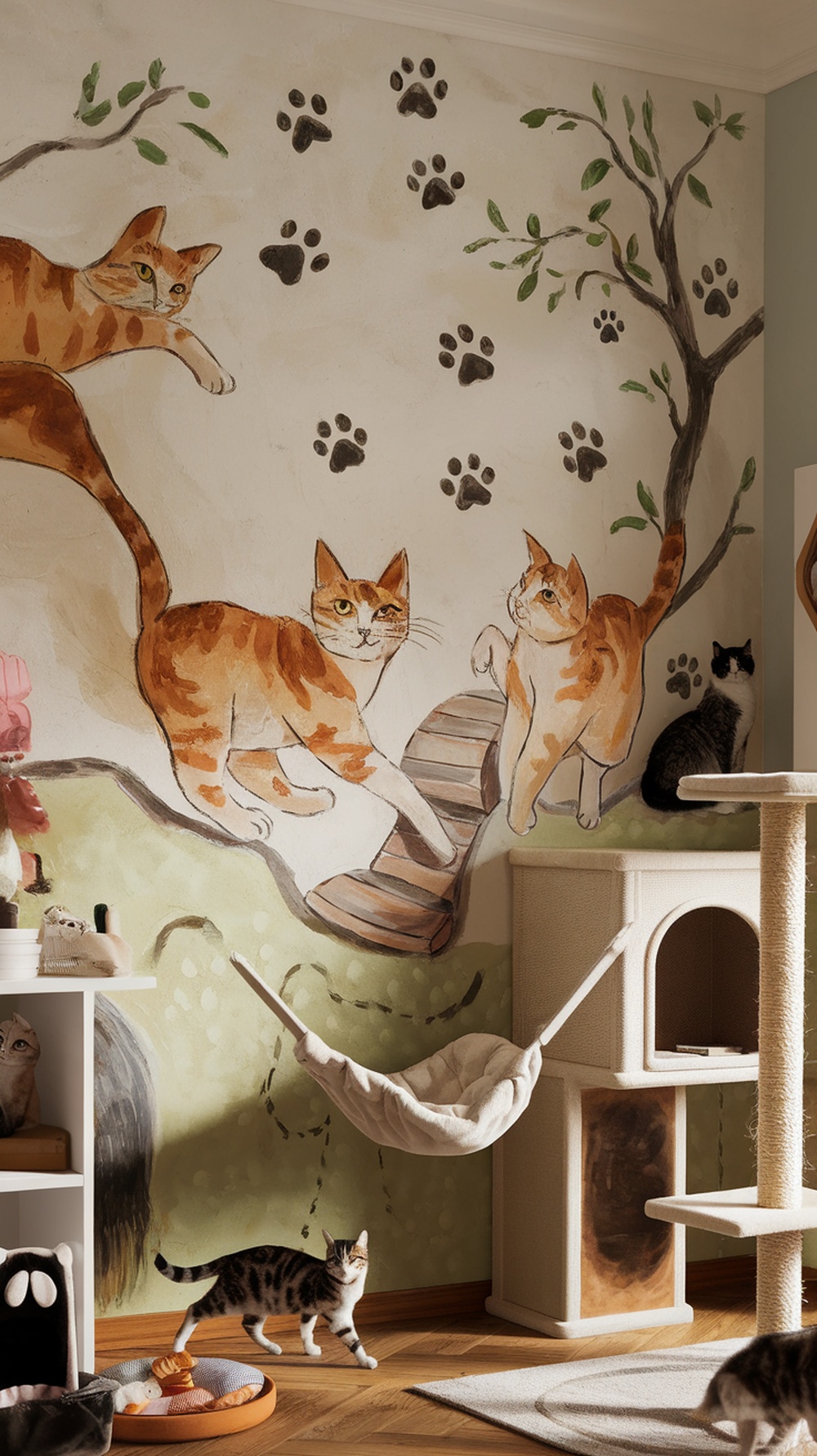 Artistic cat wall mural featuring playful cats and paw prints in a cozy indoor cat room.