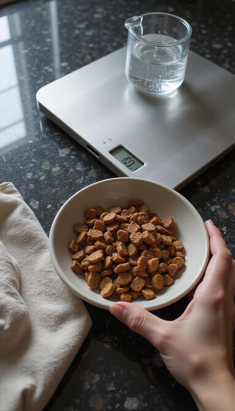 A kitchen scene with a digital scale, measuring cup, and cat food.
