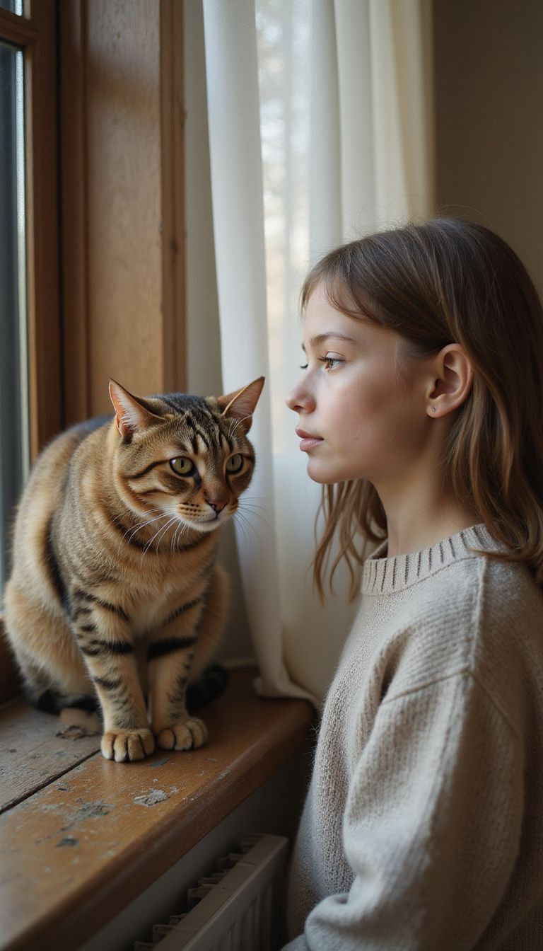 A teenage girl gazes affectionately at a golden ticked tabby cat.
