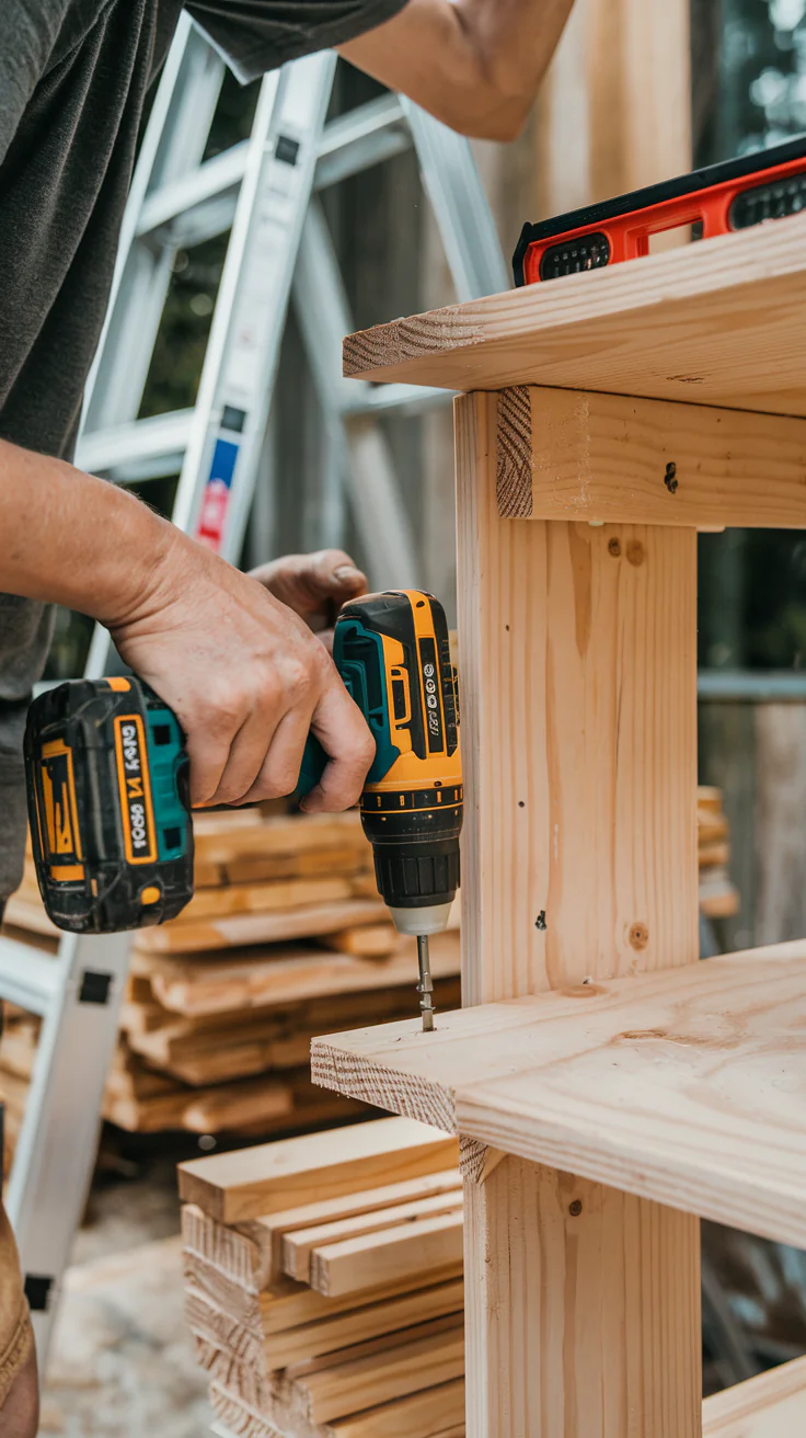 A person assembles cedar shelves using various woodworking tools.
