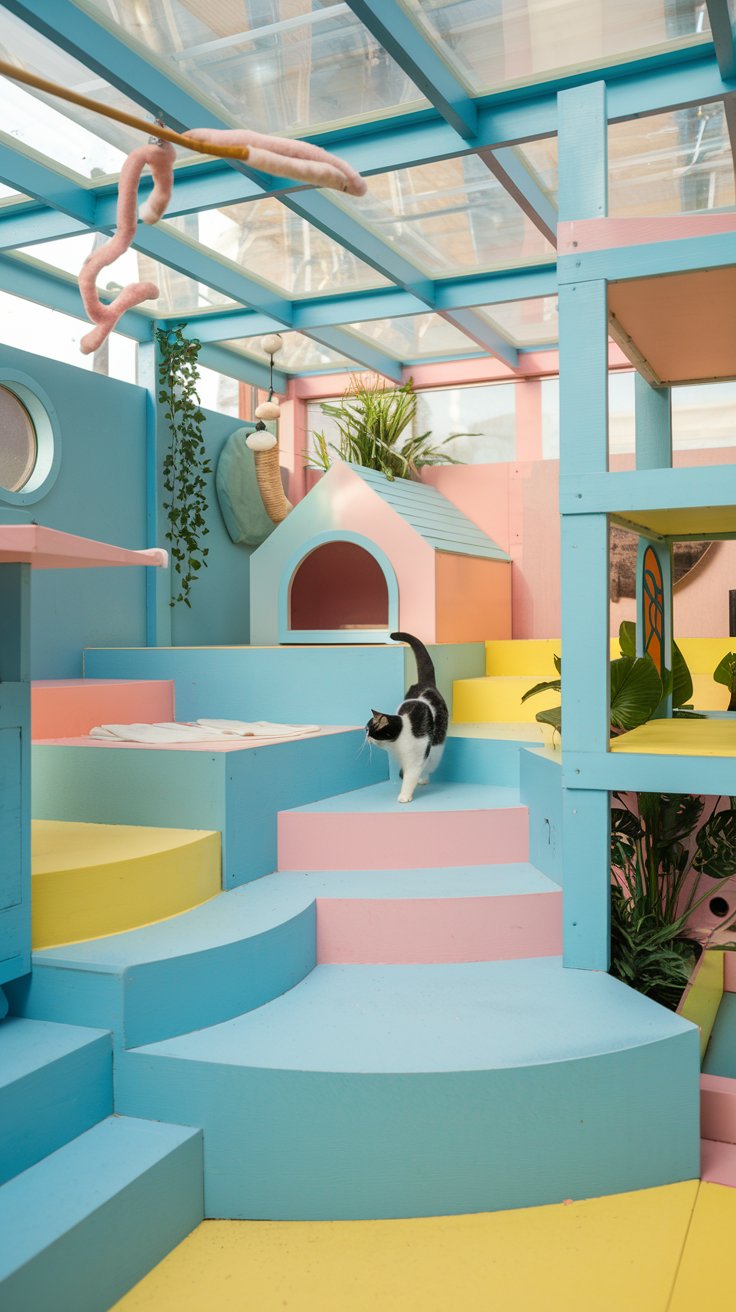 A colorful and artistic catio with stairs, a small house, and playful decor for cats.