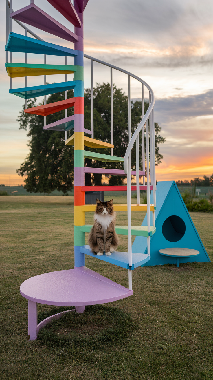 Colorful spiral staircase leading to a cat platform in a catio