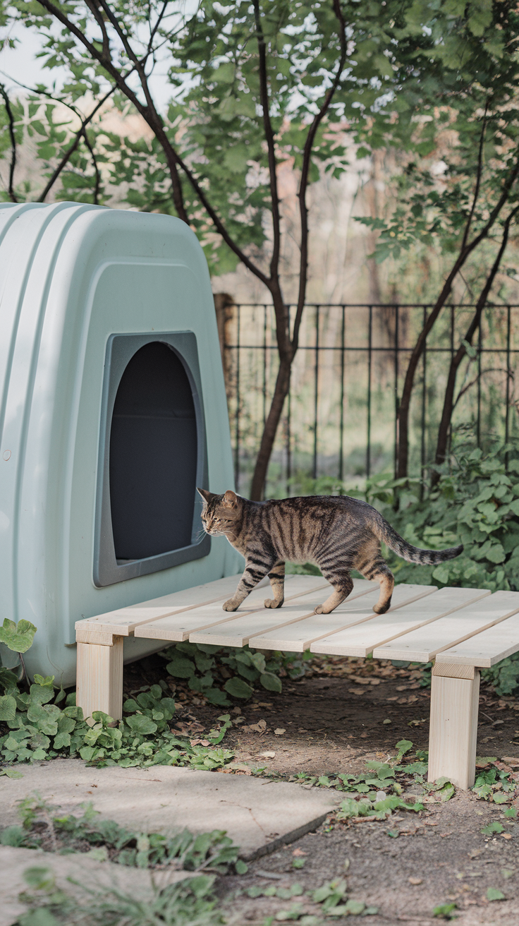 A portable blue catio with a wooden platform, featuring a cat walking on it in a park setting.