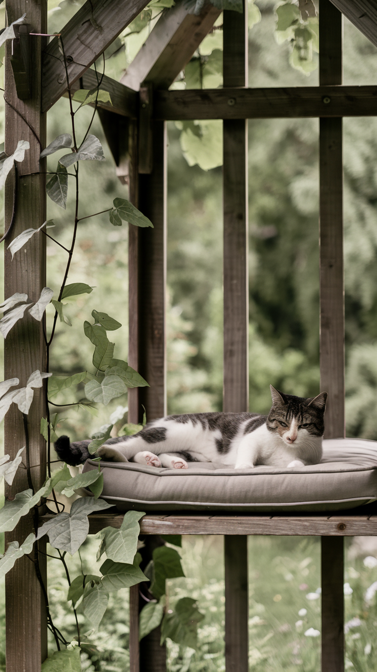 A cat lounging on a raised platform in a green, leafy environment.