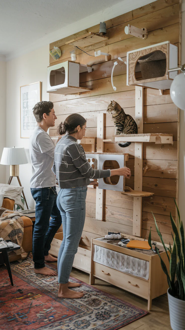 Two young adults are building a DIY cat wall in a cozy living room.