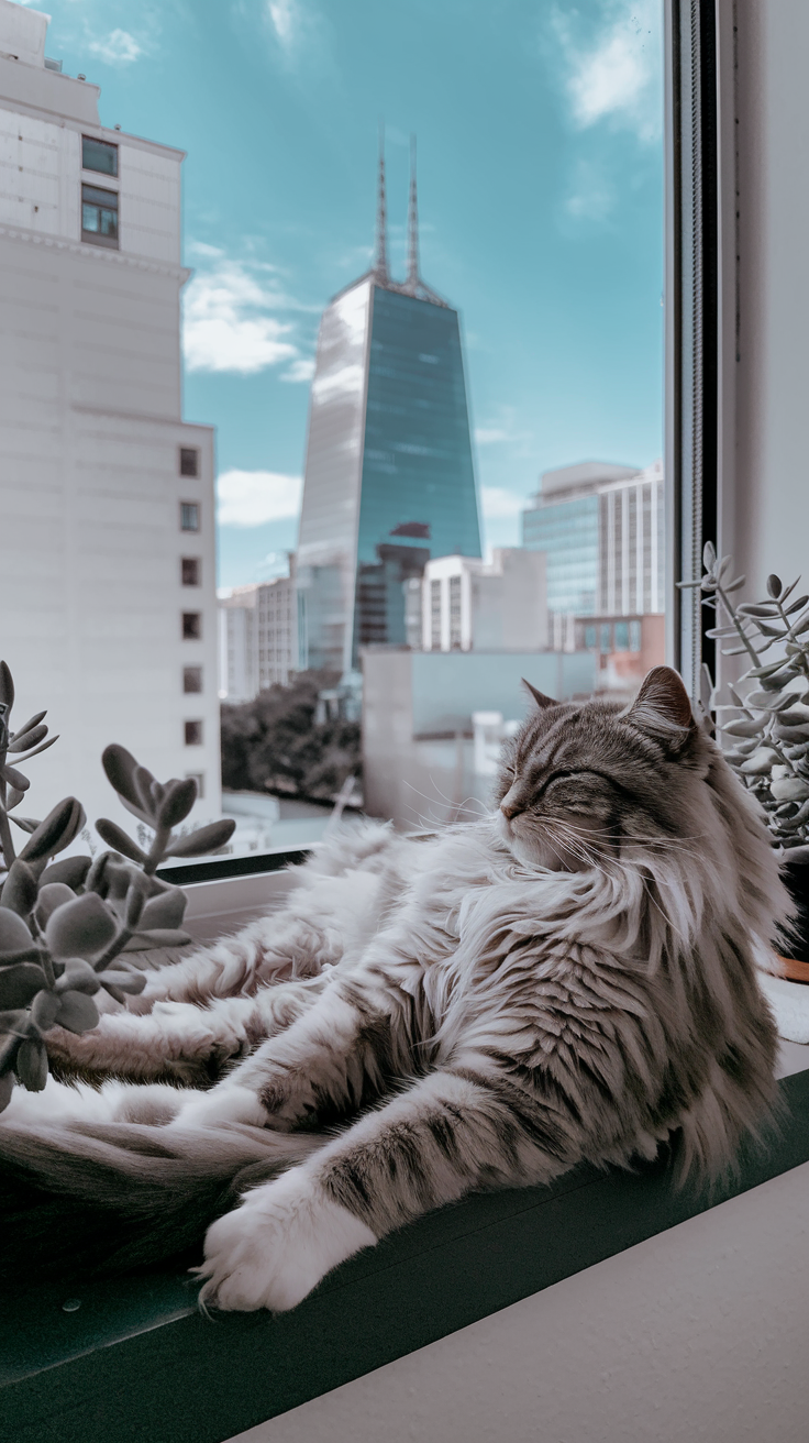 A fluffy cat lounging in a window box filled with plants, with a city skyline in the background.