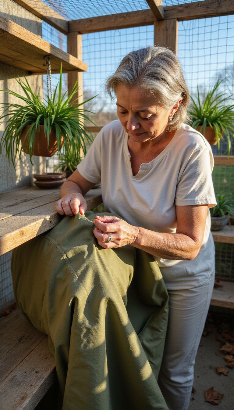 An elderly woman assembles a cat tunnel in a spacious enclosure.
