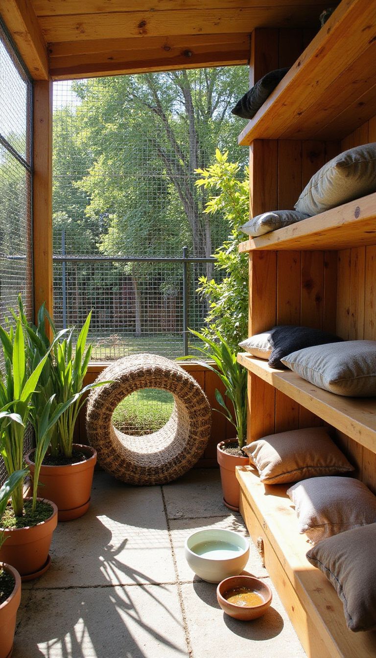 A serene catio features cedar shelves, playful toys, and safe plants.