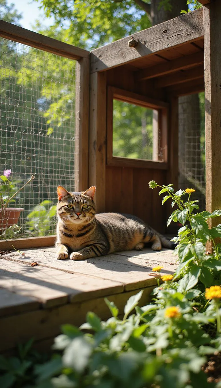 A cozy catio houses a relaxed tabby cat in a vibrant garden.