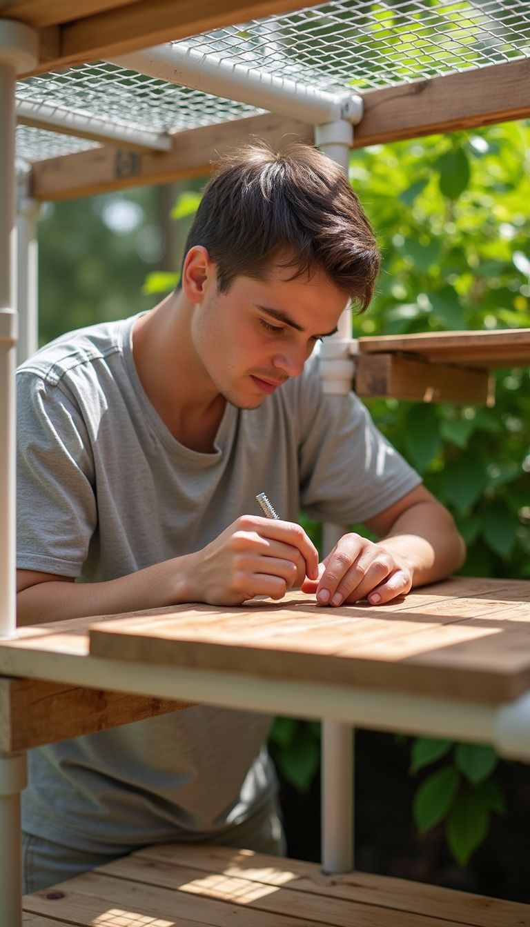 A focused individual assembles a DIY cat enclosure in a backyard.