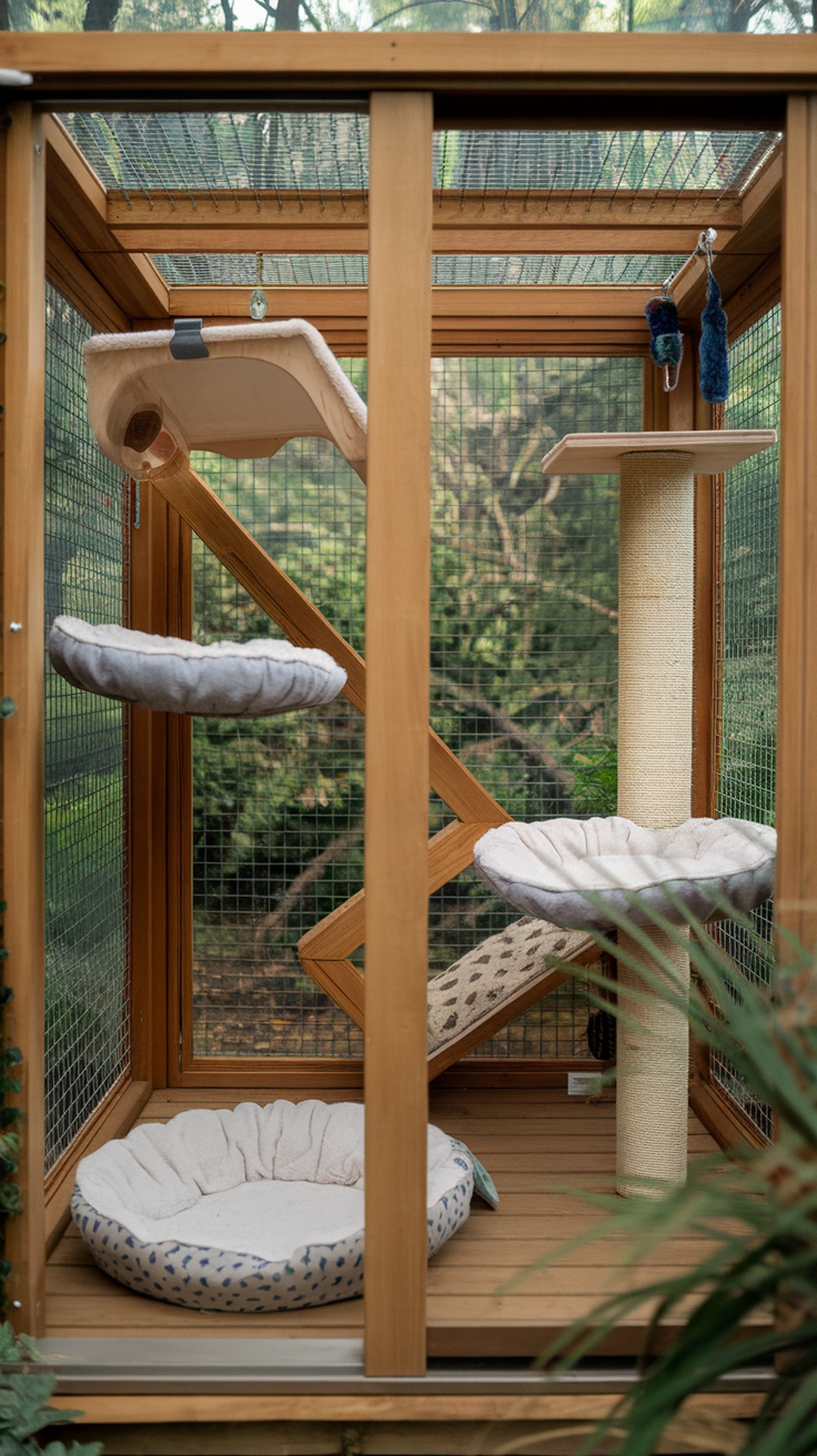 A cozy catio featuring soft beds, climbing platforms, and scratching posts.