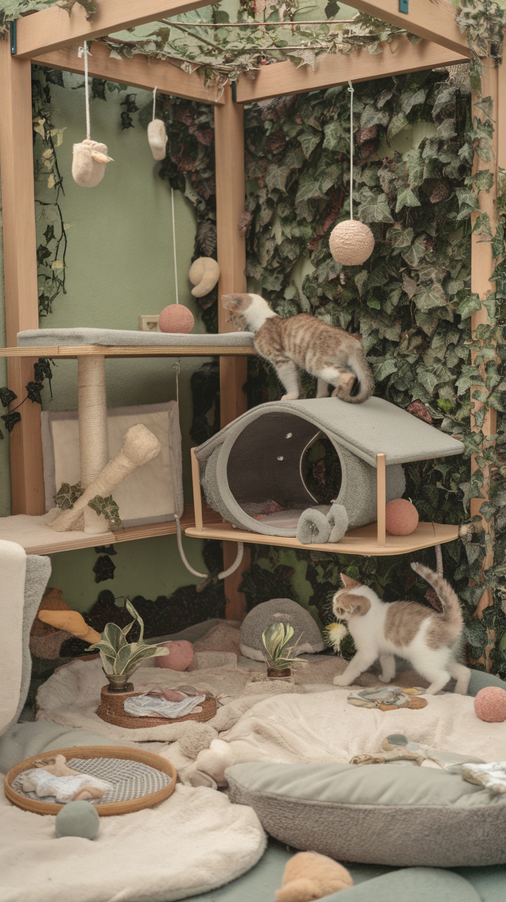 A cozy catio for kittens featuring climbing areas, soft cushions, and hanging toys.