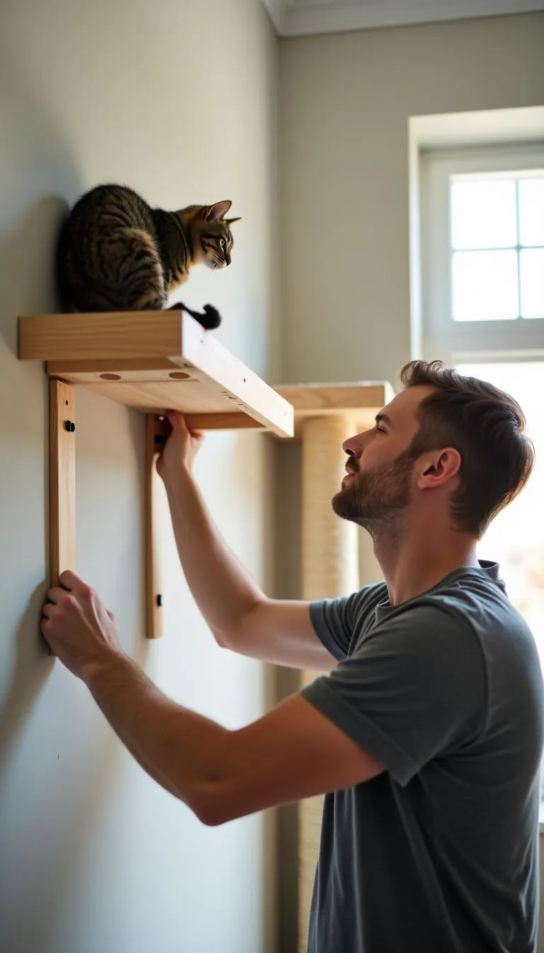 A man in his 30s installs strong wall anchors and brackets.