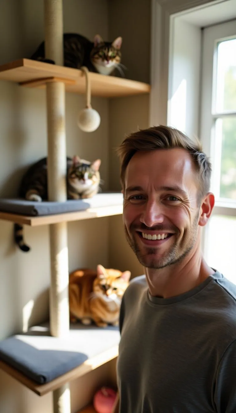 A man proudly stands next to his finished DIY cat wall.
