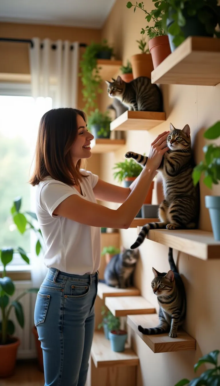 A woman in casual clothing installs shelves and ramps for her cats.