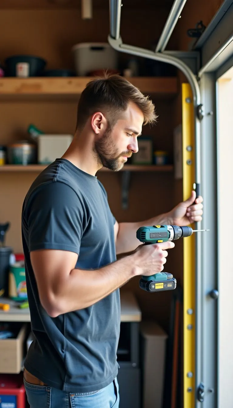 A man in his 30s is working in a cluttered garage installing shelves.