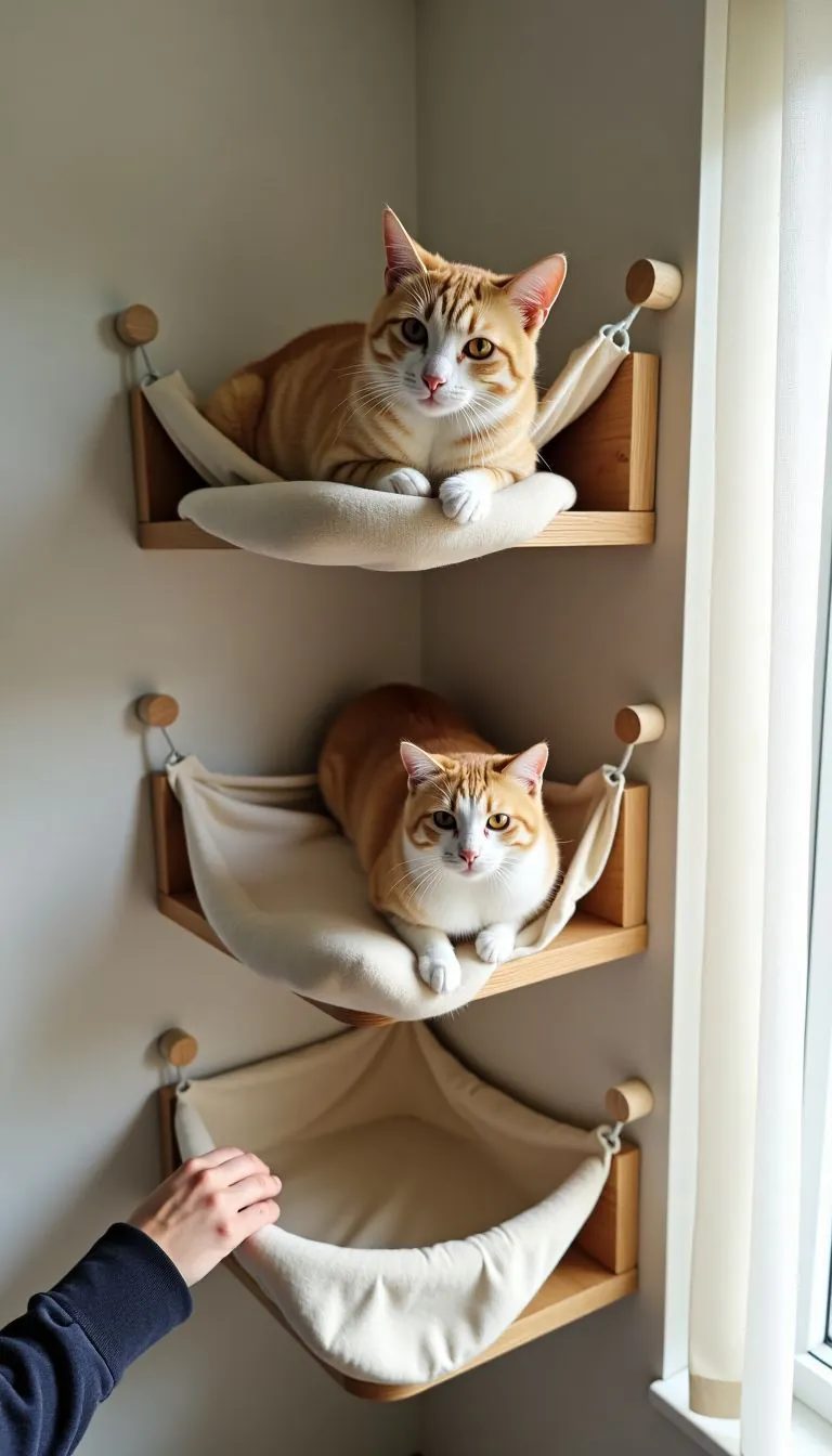 A secure cat wall shelf with hammocks and fabric barriers installed.