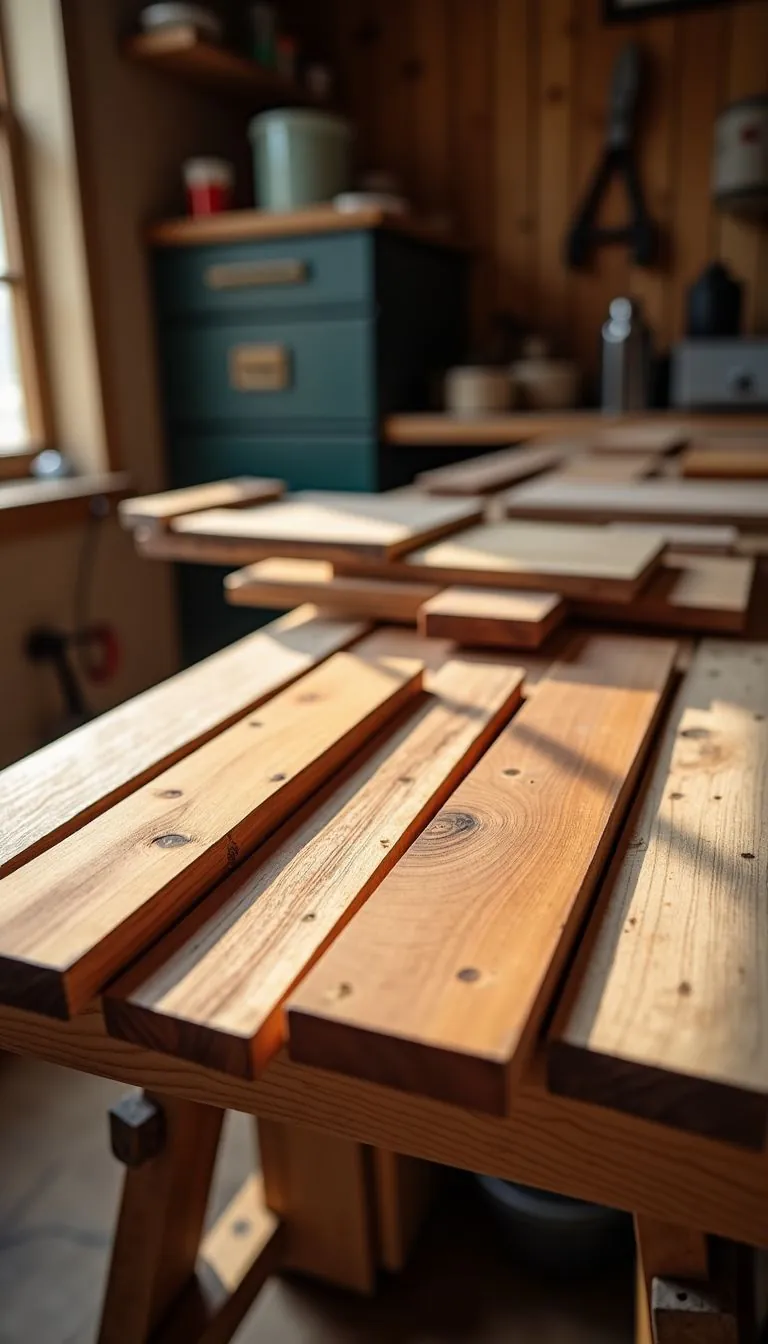 A collection of hardwood and softwood samples displayed on a workbench.