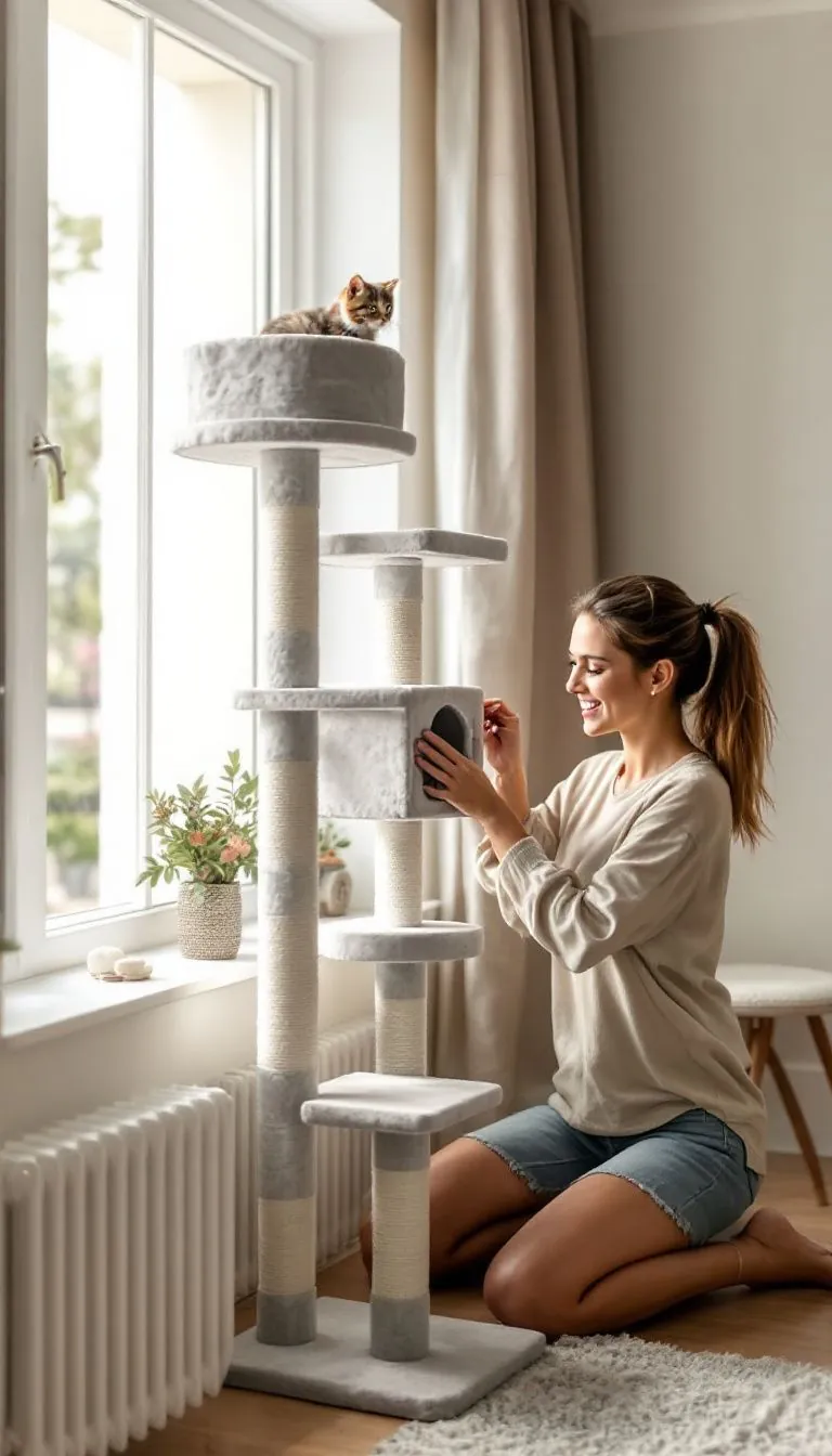 A woman assembles a multi-level cat tree beside a sunny window.