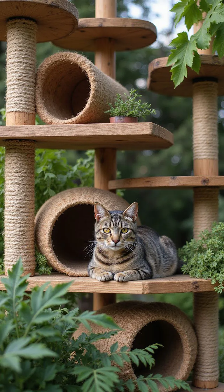 A cozy backyard catio features vibrant plants and a relaxed tabby cat.
