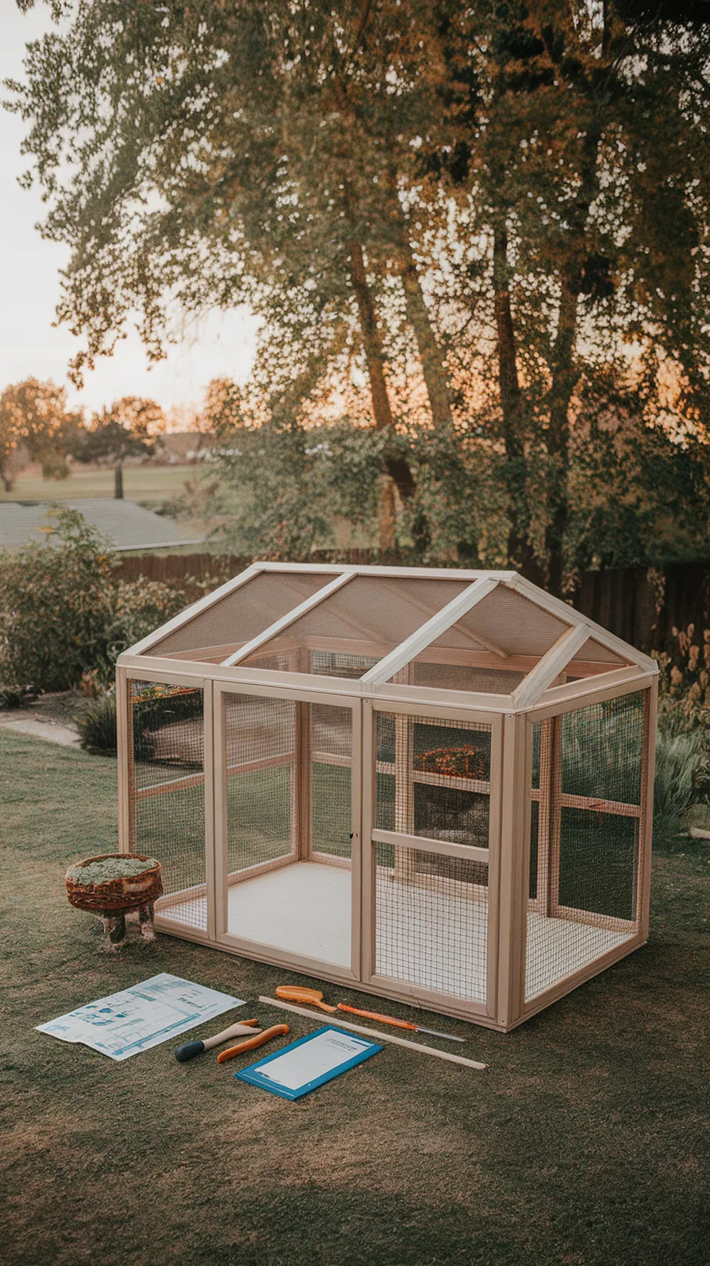 A DIY catio kit set up in a yard, with tools and assembly plans laid out.