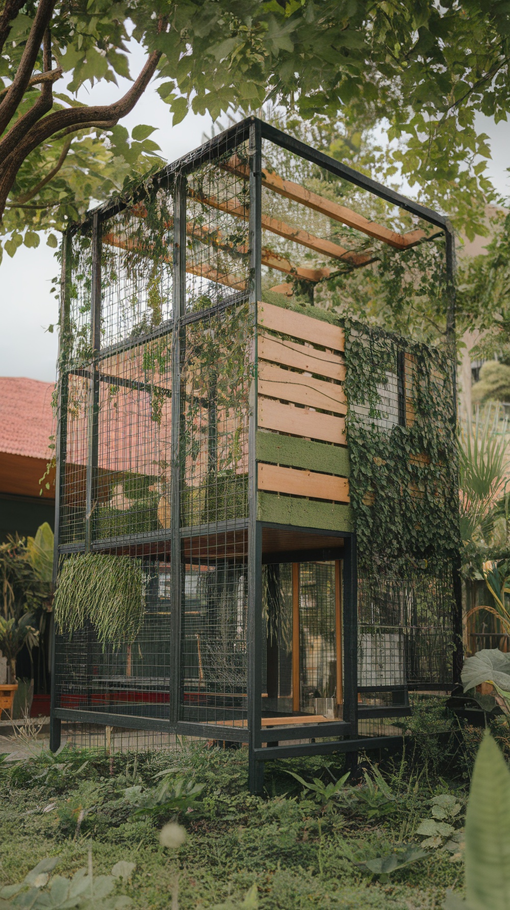 A modern catio made from sustainable materials, featuring greenery and a sleek design.