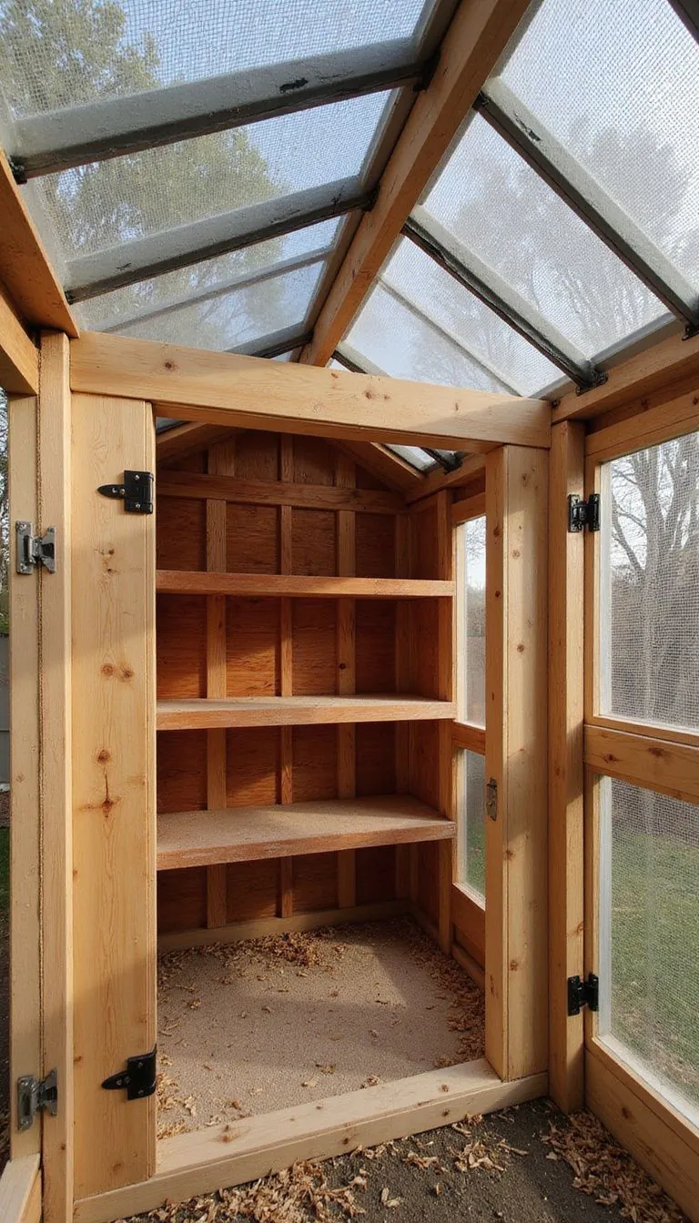 A backyard shed under construction with wooden and metal features.