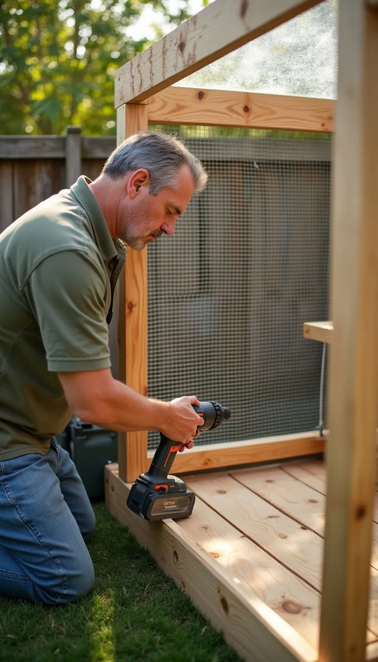 A person constructs a wooden cat enclosure in a backyard.