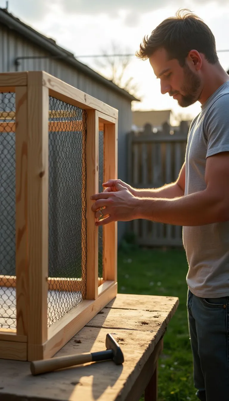 Person builds a homemade cat enclosure in a compact backyard.