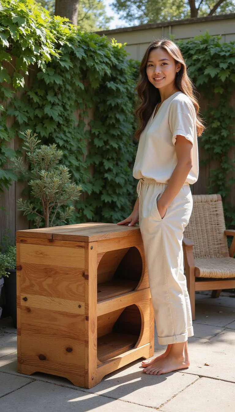 A woman proudly stands beside a handcrafted cedar litter box bench.