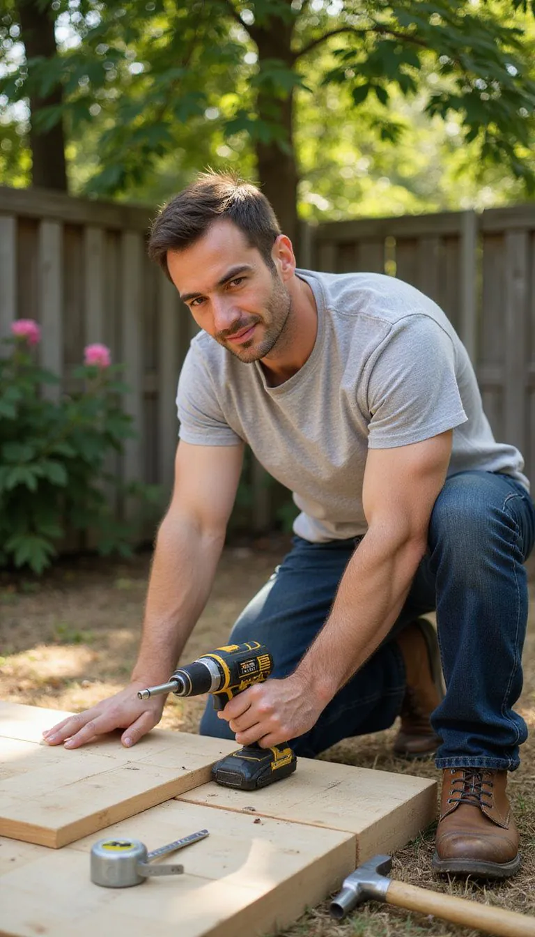 A focused man uses a power drill to fasten wooden planks.