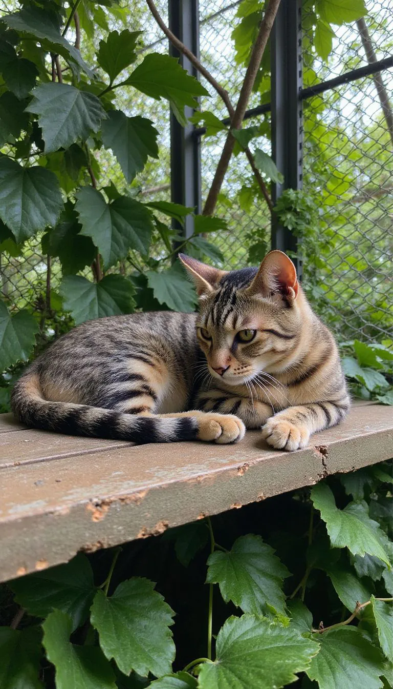 A tabby cat peacefully naps on a wooden platform in an enclosure.
