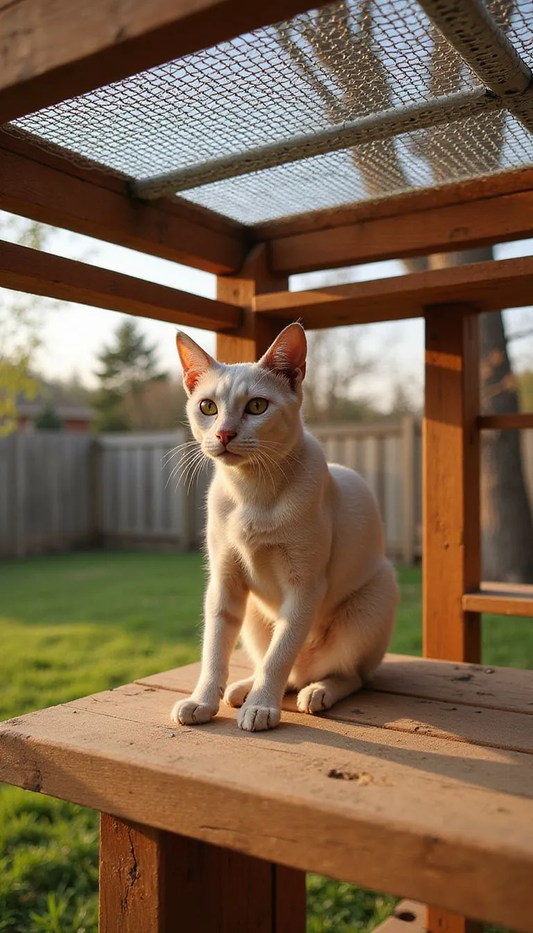 A serene catio with a relaxed cat on cedar shelves.