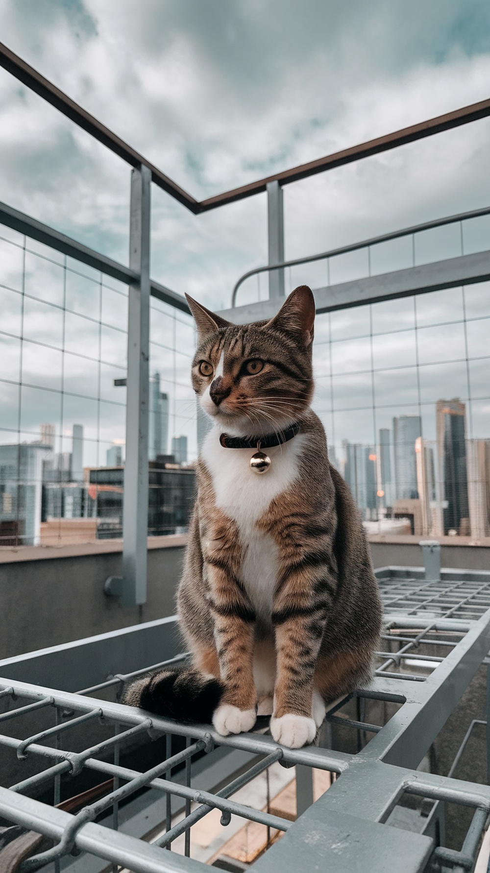 A cat sitting on a rooftop catio with a city skyline in the background.