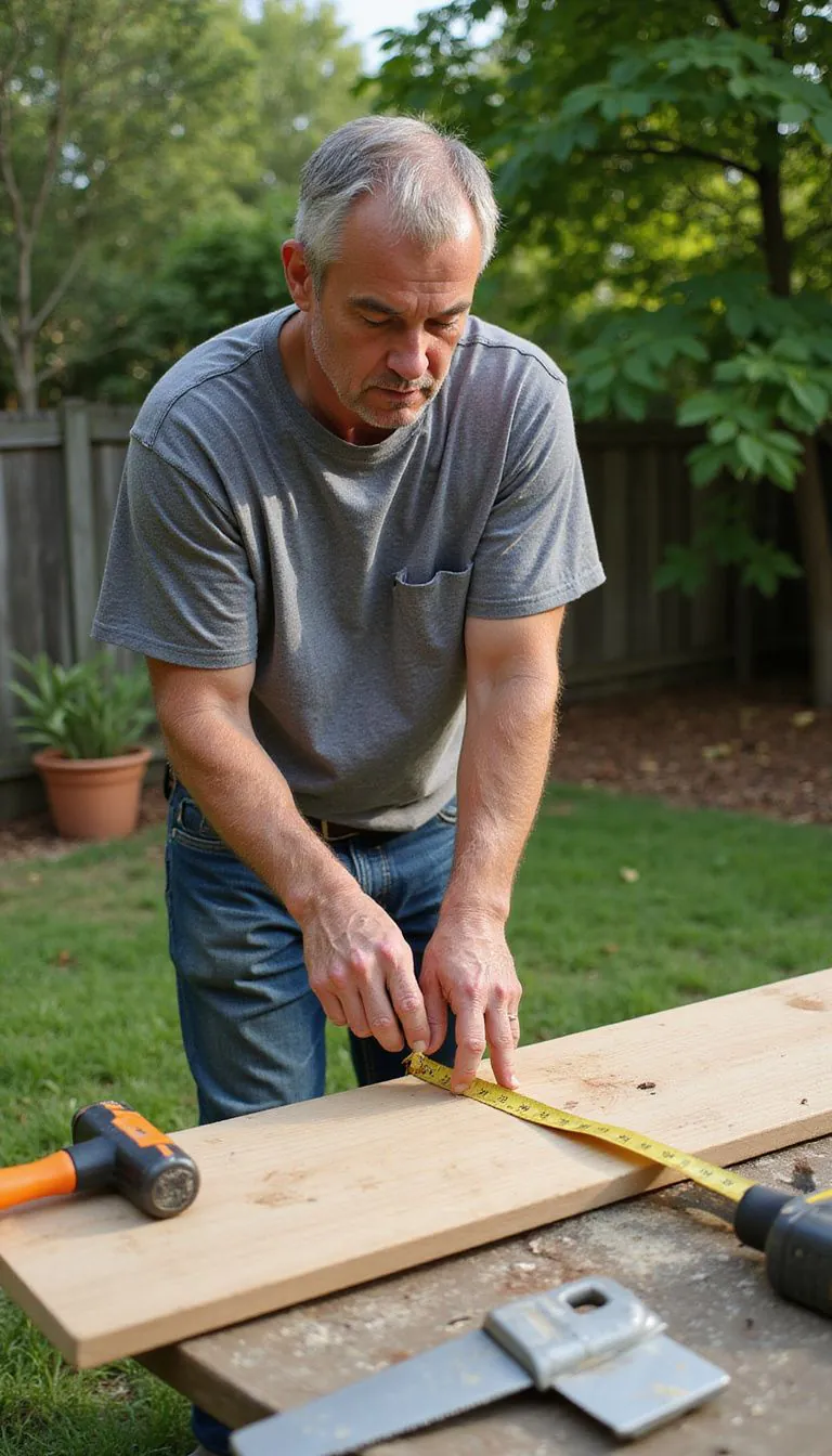 A man measures wood in his backyard surrounded by tools.