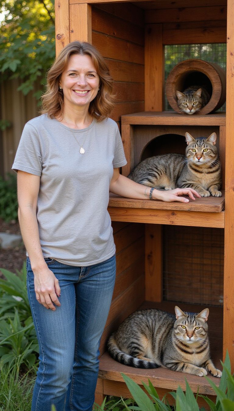 A woman smiles beside a beautifully crafted outdoor cat enclosure.