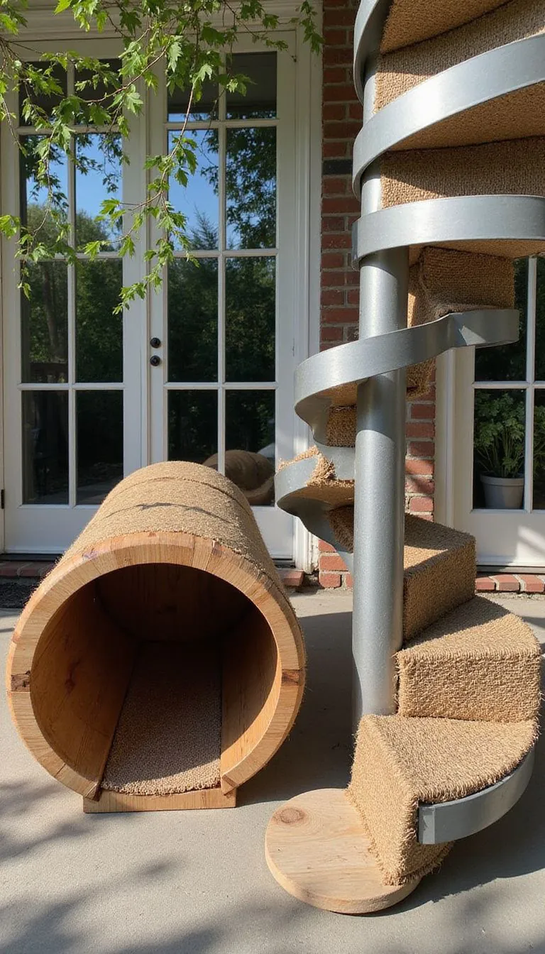 A catio features a cedar tunnel and jute-wrapped steel staircase.