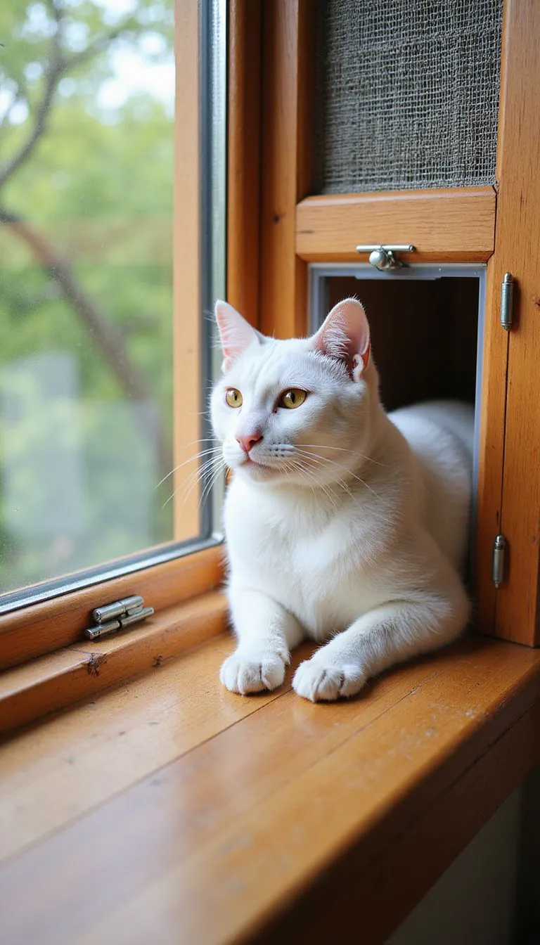 A white cat relaxes in a cedar window box catio.