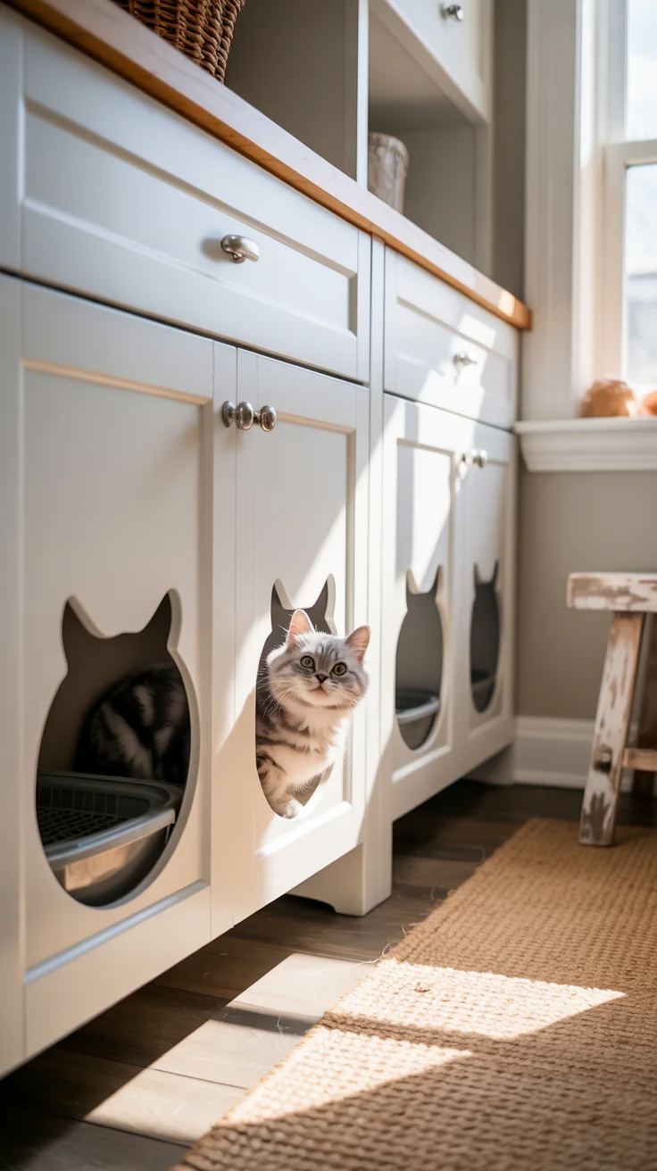 Cabinets with cat-shaped cutouts for cat litter for laundry room