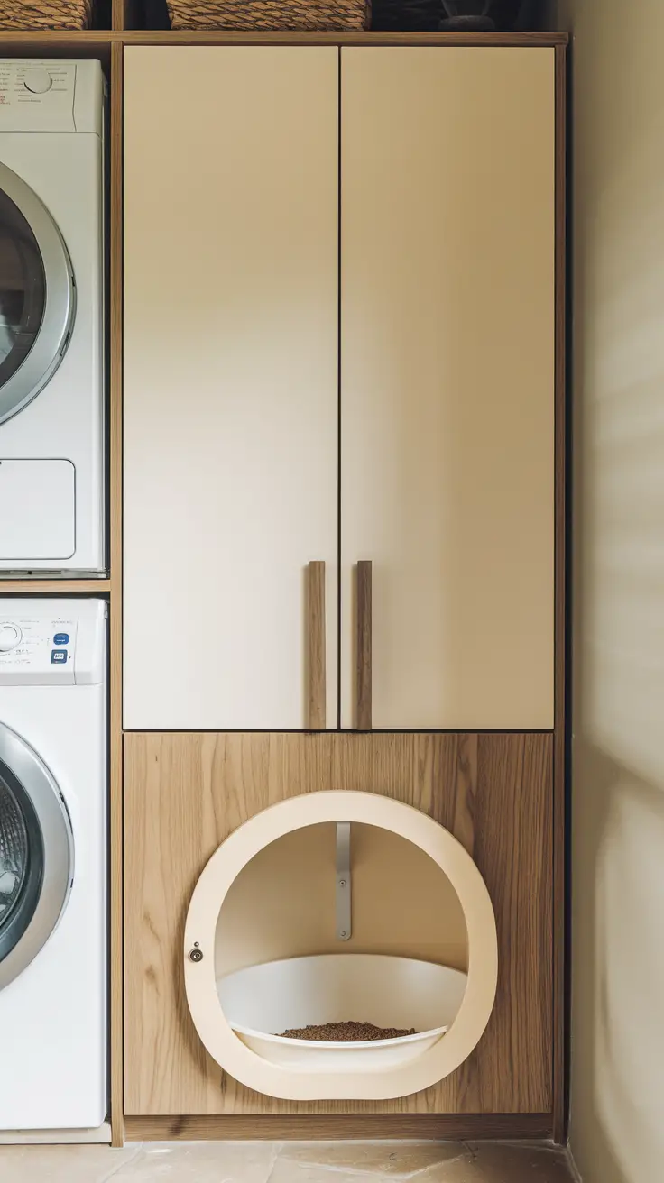 Custom cabinetry with concealed compartments for cat litter box in laundry area