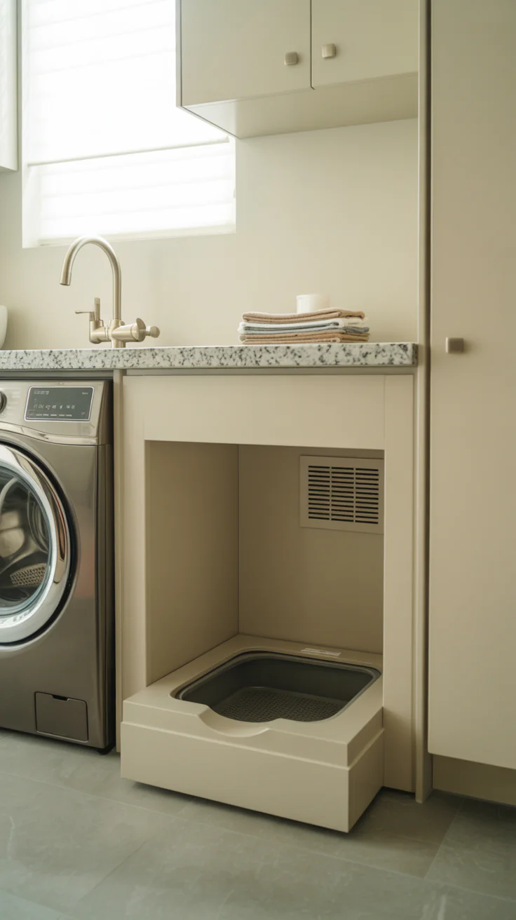 Hidden Litter Boxes Under Counters for automatic litter box in laundry room
