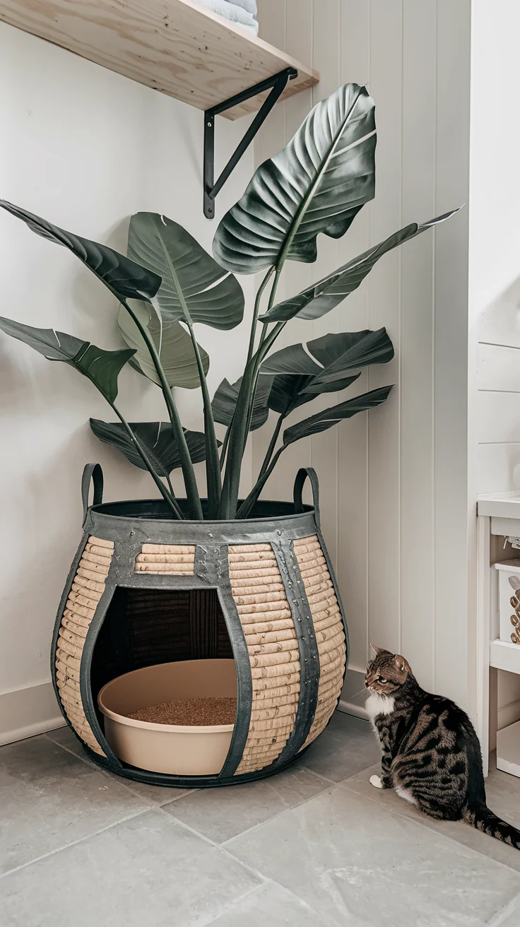Large decorative planters offer a smart fix for hiding your cat's litter box in the laundry room